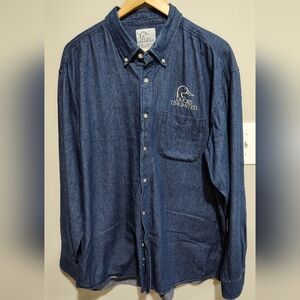Vintage Ducks Unlimited Men's Long Sleeve Button Up Blue Jean Shirt, Size XL